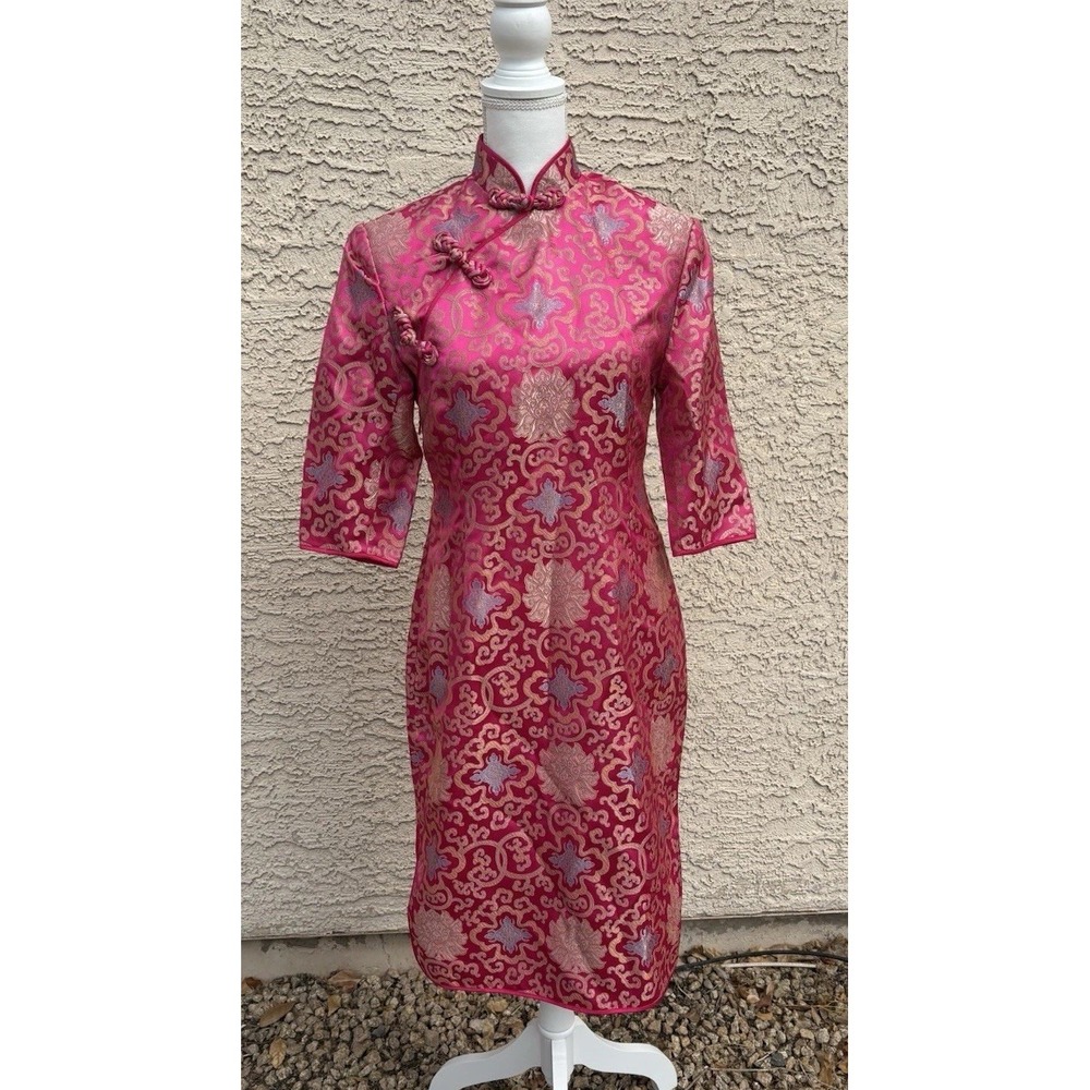 Chinese Qipao Cheongsam Dress Womens 6 Silk Pink Brocade Jacquard Bodycon
